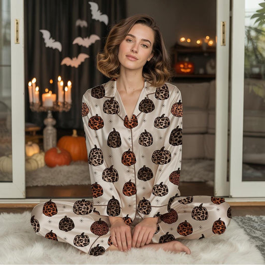 Leopard Pumpkin Print Satin Pajama Set, Halloween Sleepwear for Cozy and Spooky Fall Nights, Leopard Pumpkins Satin Halloween Sleepwear