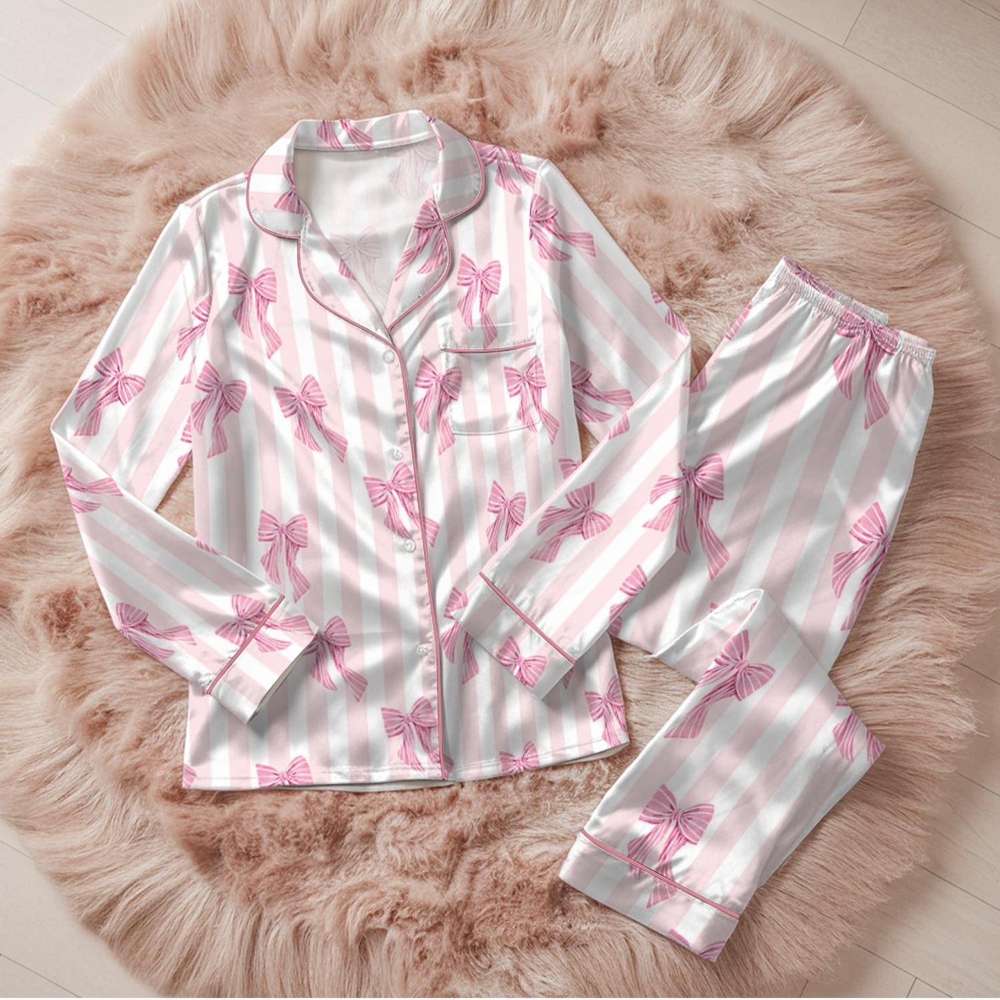 Personalized Name Pink Bow Coquette Satin Pajama Set, Custom Coquette Bow Pajamas, Cute Ribbon Lounge Set