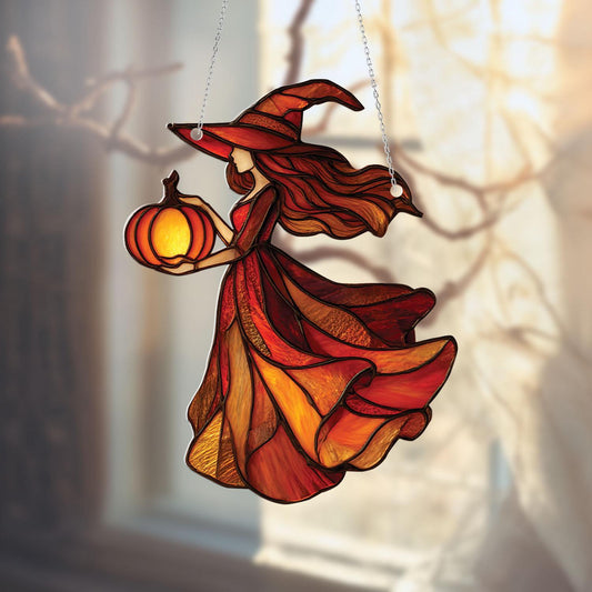 Halloween Witch with Pumpkin Window Hanging, Spooky Autumn Home Decor, Gothic Fall Ornament for Halloween and Witchy Lovers