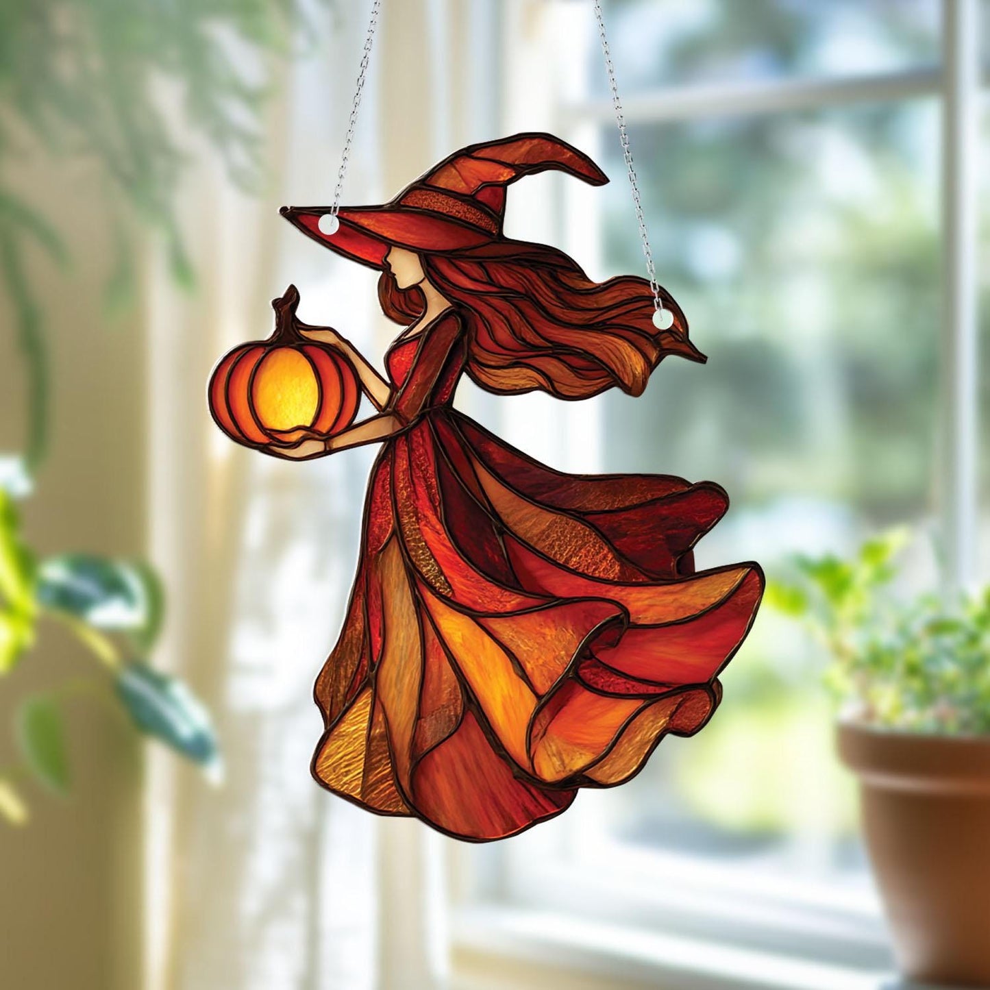 Halloween Witch with Pumpkin Window Hanging, Spooky Autumn Home Decor, Gothic Fall Ornament for Halloween and Witchy Lovers