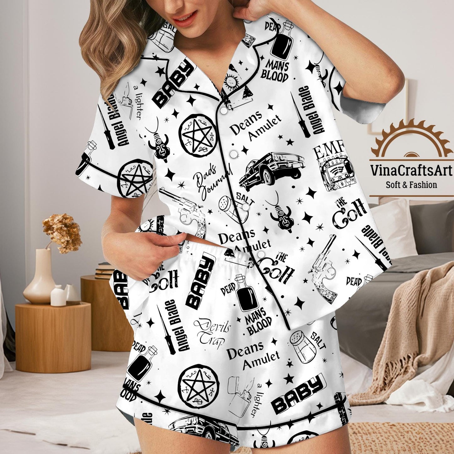 Supernatural Satin Pajamas Set – Dean’s Amulet, Baby Impala, The Colt & Angel Blade Sleepwear for Women, The Colt Nightwear