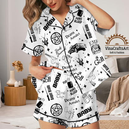 Supernatural Satin Pajamas Set – Dean’s Amulet, Baby Impala, The Colt & Angel Blade Sleepwear for Women, The Colt Nightwear