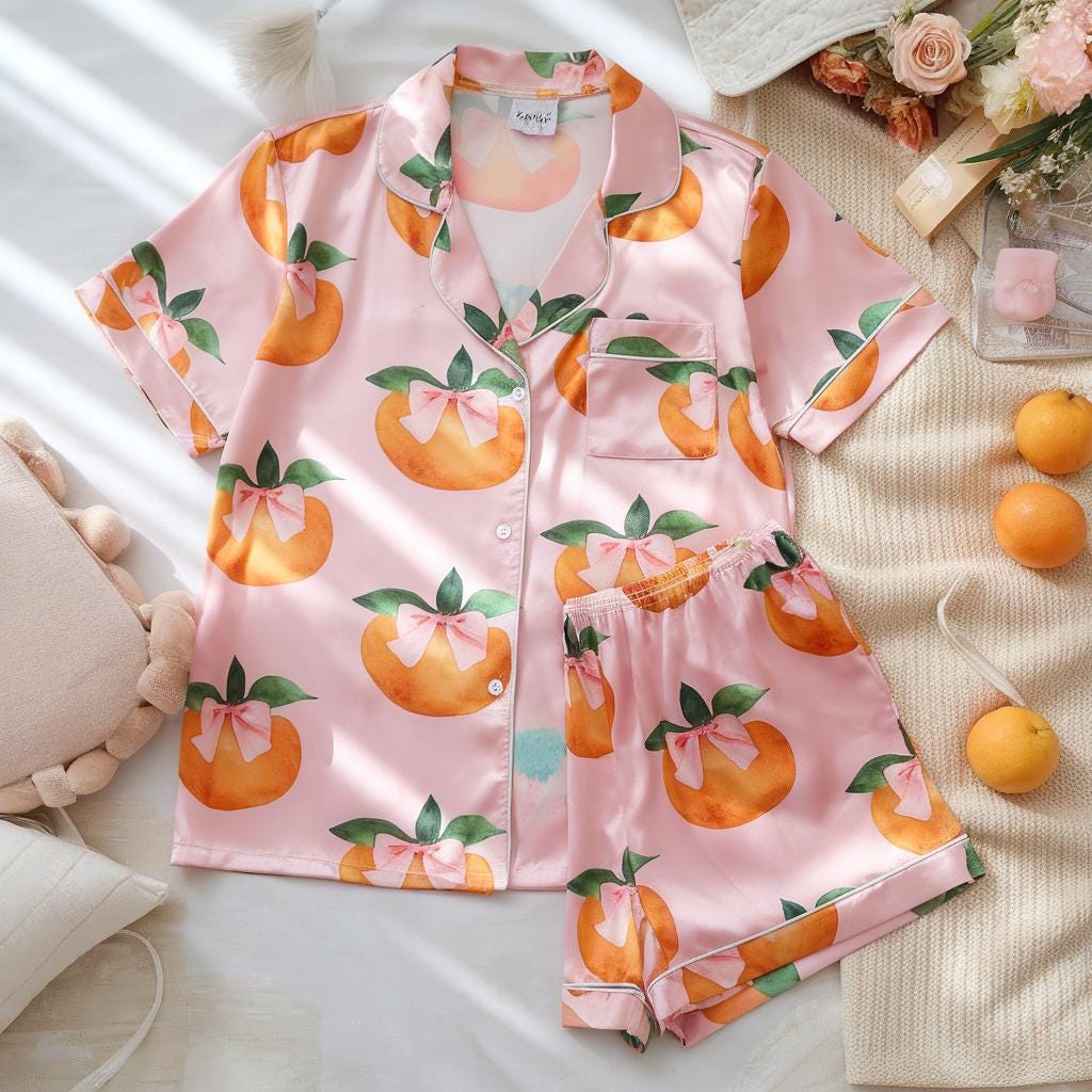 Coquette Bow Orange Fruit Satin Pajamas Set, Bridesmaid Pajamas, Bachelorette Pajamas, Aperol Spritz Pajamas, Pink Bow Pajama, Bride Pajamas