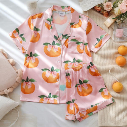 Coquette Bow Orange Fruit Satin Pajamas Set, Bridesmaid Pajamas, Bachelorette Pajamas, Aperol Spritz Pajamas, Pink Bow Pajama, Bride Pajamas