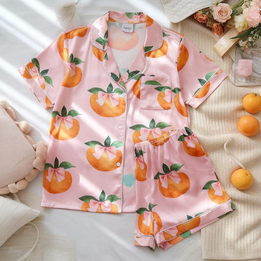 Coquette Bow Orange Fruit Satin Pajamas Set, Bridesmaid Pajamas, Bachelorette Pajamas, Aperol Spritz Pajamas, Pink Bow Pajama, Bride Pajamas