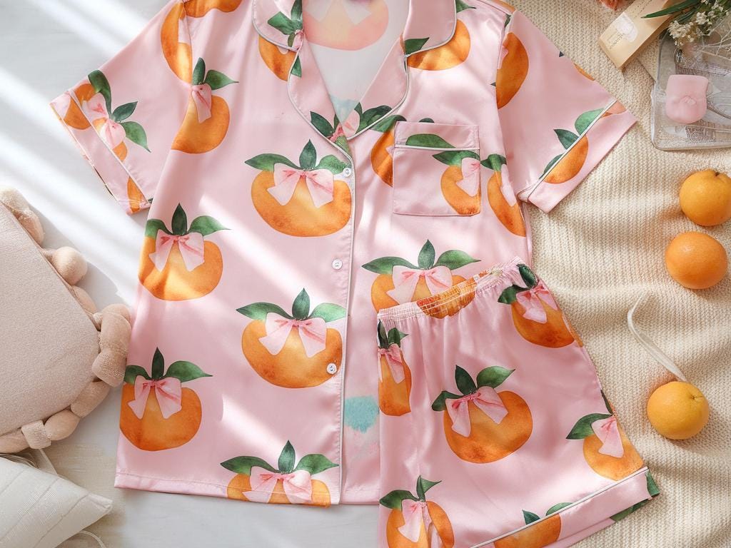 Coquette Bow Orange Fruit Satin Pajamas Set, Bridesmaid Pajamas, Bachelorette Pajamas, Aperol Spritz Pajamas, Pink Bow Pajama, Bride Pajamas