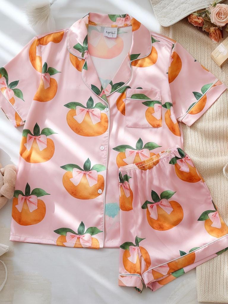 Coquette Bow Orange Fruit Satin Pajamas Set, Bridesmaid Pajamas, Bachelorette Pajamas, Aperol Spritz Pajamas, Pink Bow Pajama, Bride Pajamas