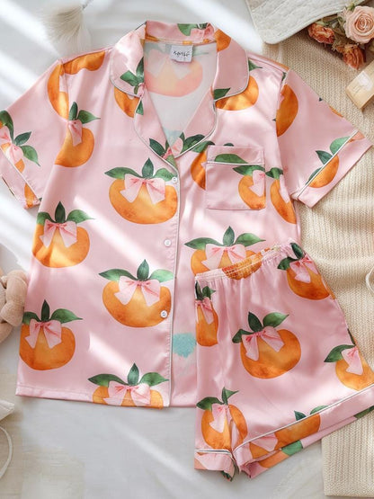 Coquette Bow Orange Fruit Satin Pajamas Set, Bridesmaid Pajamas, Bachelorette Pajamas, Aperol Spritz Pajamas, Pink Bow Pajama, Bride Pajamas