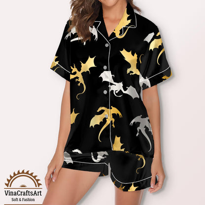 Black & Gold Dragon Satin Pajamas Set – Elegant Fantasy Loungewear for Women, Dragon Rider Bookish Loungewear, Book Lover Gift