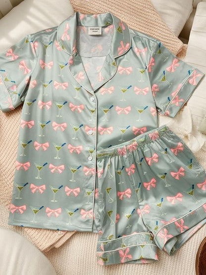 Dirty Martini Pink Bow Coquette Satin Pajamas Set, Bridesmaid Pajamas, Bachelorette Pajamas, Girly Matching Pajamas, Pink Bow Bride Pajamas