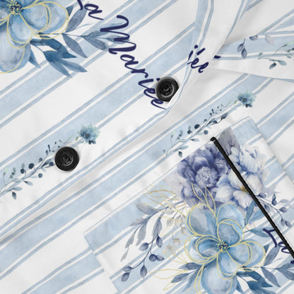 Bridgerton Inspired Something Blue Satin Bridal Pajamas – Vintage Floral Stripe Bride Getting Ready Sleepwear Set – Wedding Morning Outfit