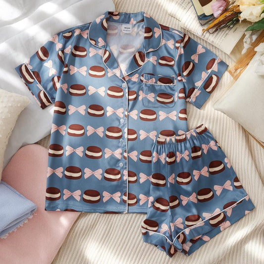 Chocolate Pink Bow Coquette Satin Pajamas Set, Bridesmaid Pajamas, Bachelorette Pajamas Set, Girly Matching Pajamas, Pink Bow Bride Pajamas