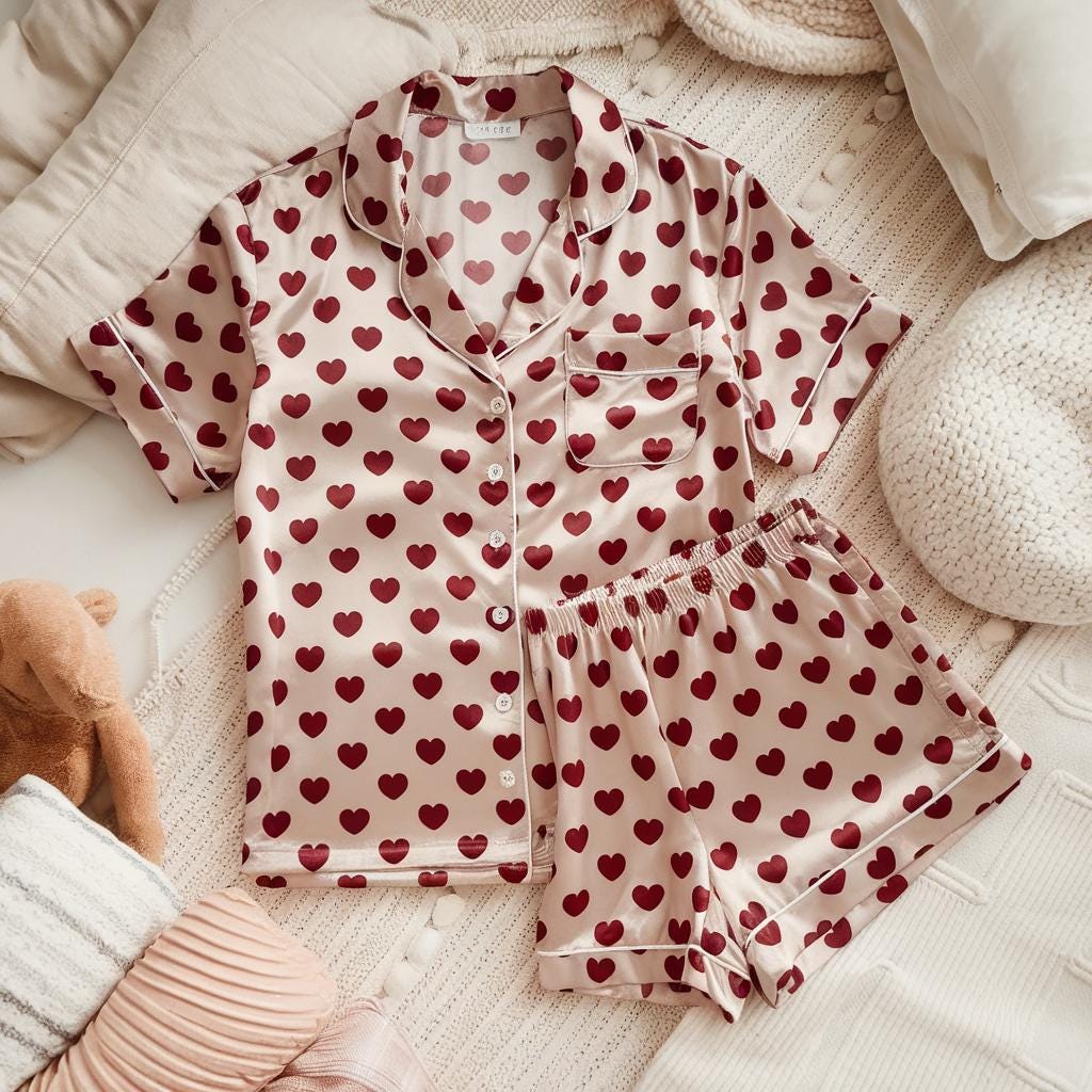 Heart Coquette Satin Pajamas Set, Bridesmaid Pajamas, Bachelorette Pajamas, Girly Matching Pajamas, Bride Pajamas, Bridal Bachelorette pjs