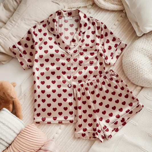 Heart Coquette Satin Pajamas Set, Bridesmaid Pajamas, Bachelorette Pajamas, Girly Matching Pajamas, Bride Pajamas, Bridal Bachelorette pjs