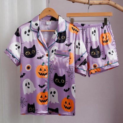 Girly Halloween Satin Pajamas Set, Ghost Pajamas, Ghost Pumpkin Pjs, Black Cat Pajamas, Halloween Pajamas, Spooky Season Gift, Halloween Pjs