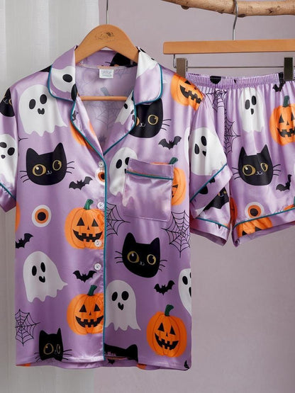 Girly Halloween Satin Pajamas Set, Ghost Pajamas, Ghost Pumpkin Pjs, Black Cat Pajamas, Halloween Pajamas, Spooky Season Gift, Halloween Pjs