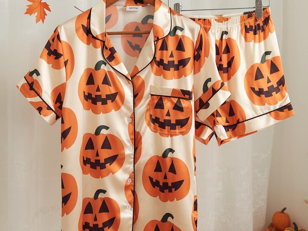 Pumpkins Halloween Satin Pajamas Set, Pumpkin Pajamas, Pumpkin Pjs, Halloween Pajamas, Spooky Season Gift, Matching Family Halloween Pajamas
