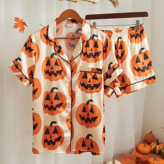 Pumpkins Halloween Satin Pajamas Set, Pumpkin Pajamas, Pumpkin Pjs, Halloween Pajamas, Spooky Season Gift, Matching Family Halloween Pajamas
