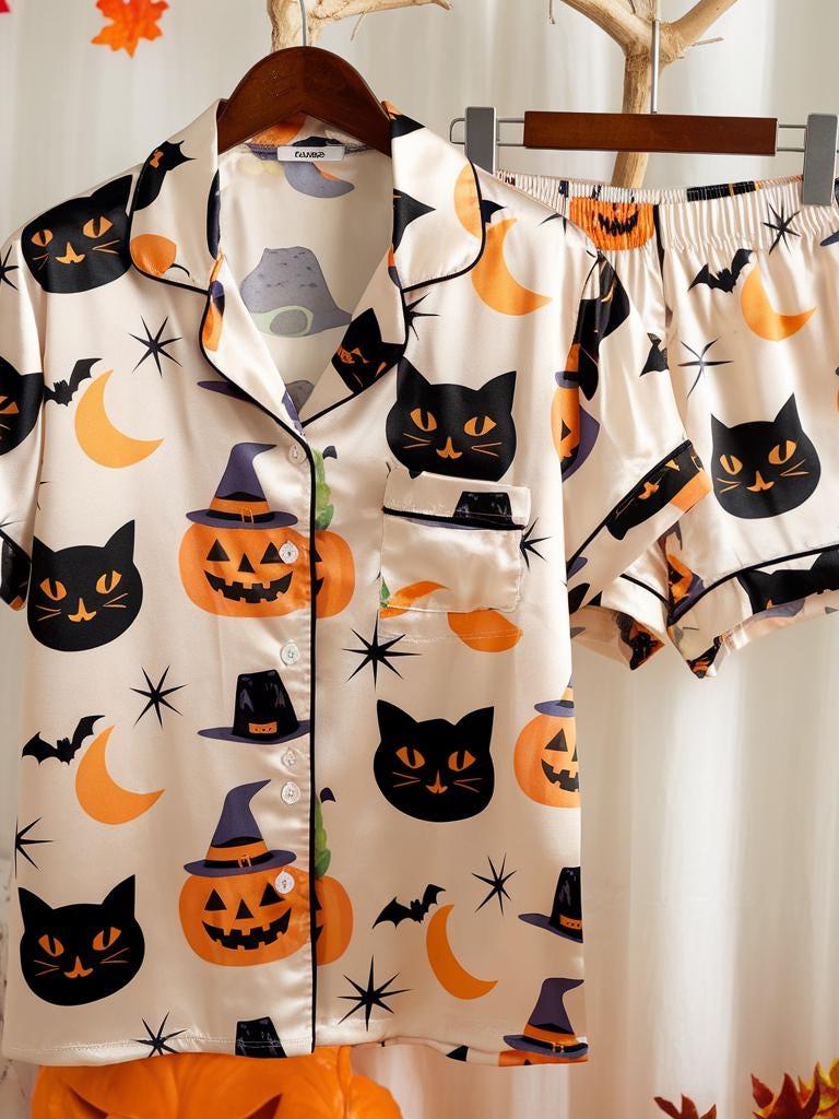 Cute Ghost Pumpkin Bat Spider Web Satin Pajamas Set, Ghost Pajamas, Ghost Pumpkin Pjs, Black Cat Pajamas, Halloween Pajamas, Spooky Season