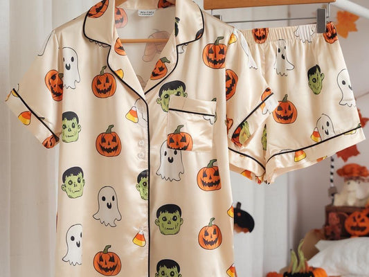 Halloween Frankenstein Ghost Pumpkin Satin Pajamas Set, Ghost Pajamas, Ghost Pumpkin, Frankenstein Pajamas, Halloween Pajamas, Spooky Season