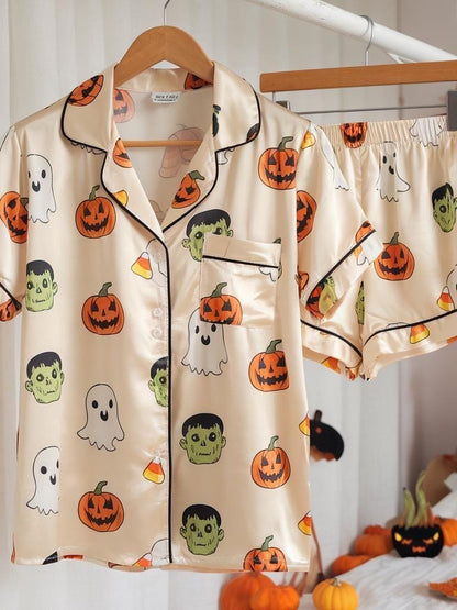 Halloween Frankenstein Ghost Pumpkin Satin Pajamas Set, Ghost Pajamas, Ghost Pumpkin, Frankenstein Pajamas, Halloween Pajamas, Spooky Season