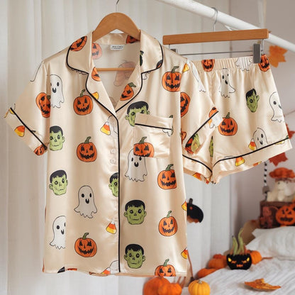 Halloween Frankenstein Ghost Pumpkin Satin Pajamas Set, Ghost Pajamas, Ghost Pumpkin, Frankenstein Pajamas, Halloween Pajamas, Spooky Season