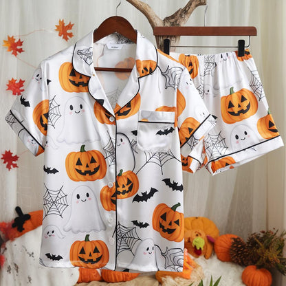 Cute Ghost Pumpkin Bat Spider Web Satin Pajamas Set, Ghost Pajamas, Ghost Pumpkin Pajamas, Pumpkin Pajamas, Halloween Pajamas, Spooky Season