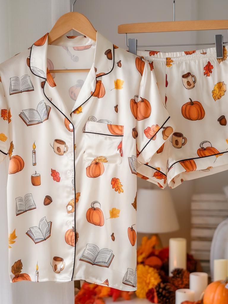 Cozy Fall Aesthetic Satin Pajamas Set, Autumn Pajamas, Fall Pajamas, Pumpkin Pajamas, Family Halloween Pyjamas, Halloween Pjs, Cozy Season