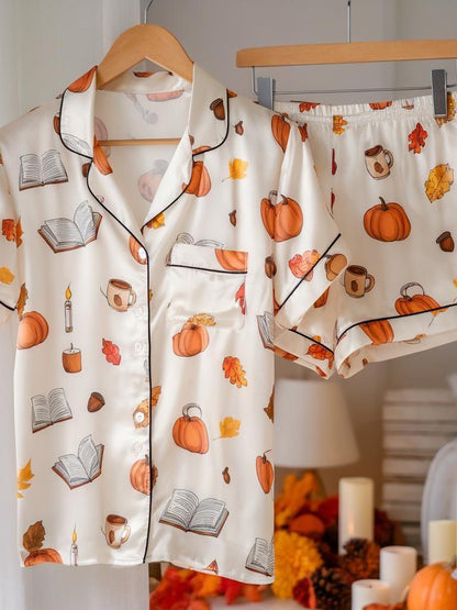 Cozy Fall Aesthetic Satin Pajamas Set, Autumn Pajamas, Fall Pajamas, Pumpkin Pajamas, Family Halloween Pyjamas, Halloween Pjs, Cozy Season