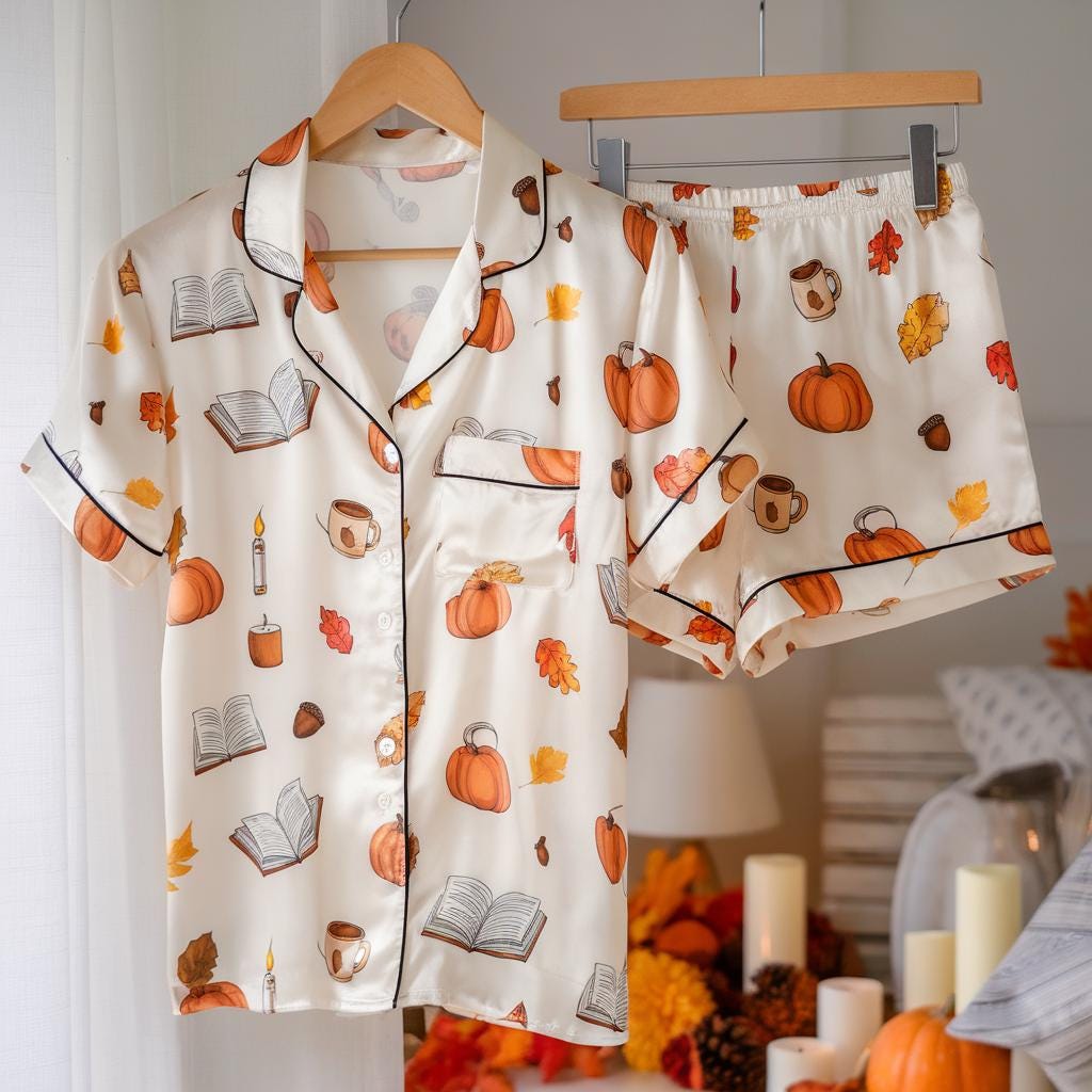 Cozy Fall Aesthetic Satin Pajamas Set, Autumn Pajamas, Fall Pajamas, Pumpkin Pajamas, Family Halloween Pyjamas, Halloween Pjs, Cozy Season