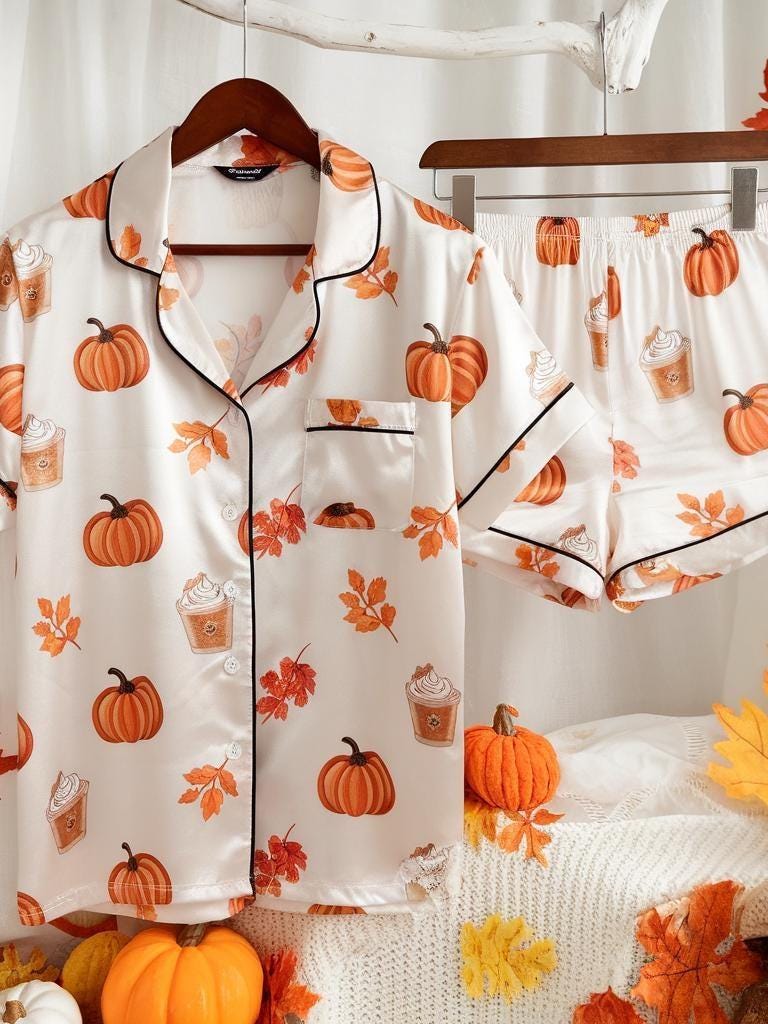 Cozy Fall Aesthetic Satin Pajamas Set, Autumn Pajamas, Fall Pajamas, Pumpkin Pajamas, Pumpkin Latte Pajamas, Halloween Pjs, Cozy Season Pjs