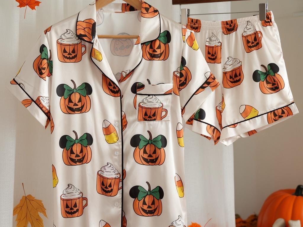 Autumn Mickey Pumpkin Cherry Pajamas Set, Autumn Pajamas, Cozy Fall Pajamas, Pumpkin Pjs, Family Pajamas, Cute Fall Bow Pjs, Cozy Season Pjs