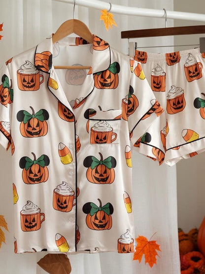 Autumn Mickey Pumpkin Cherry Pajamas Set, Autumn Pajamas, Cozy Fall Pajamas, Pumpkin Pjs, Family Pajamas, Cute Fall Bow Pjs, Cozy Season Pjs