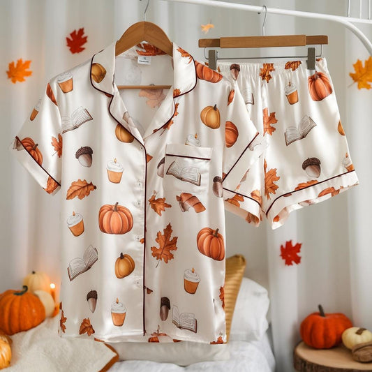 Cozy Fall Aesthetic Satin Pajamas Set, Autumn Pajamas, Fall Pajamas, Pumpkin Pajamas, Fall Book Lovers Pyjamas, Halloween Pjs, Cozy Season