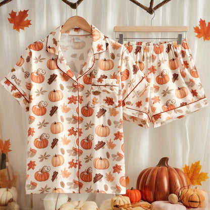 Cozy Fall Aesthetic Satin Pajamas Set, Autumn Pajamas, Fall Pajamas, Pumpkin Pajamas,Pumpkin Spice Pajamas, Halloween Pjs, Cozy Season Pjs