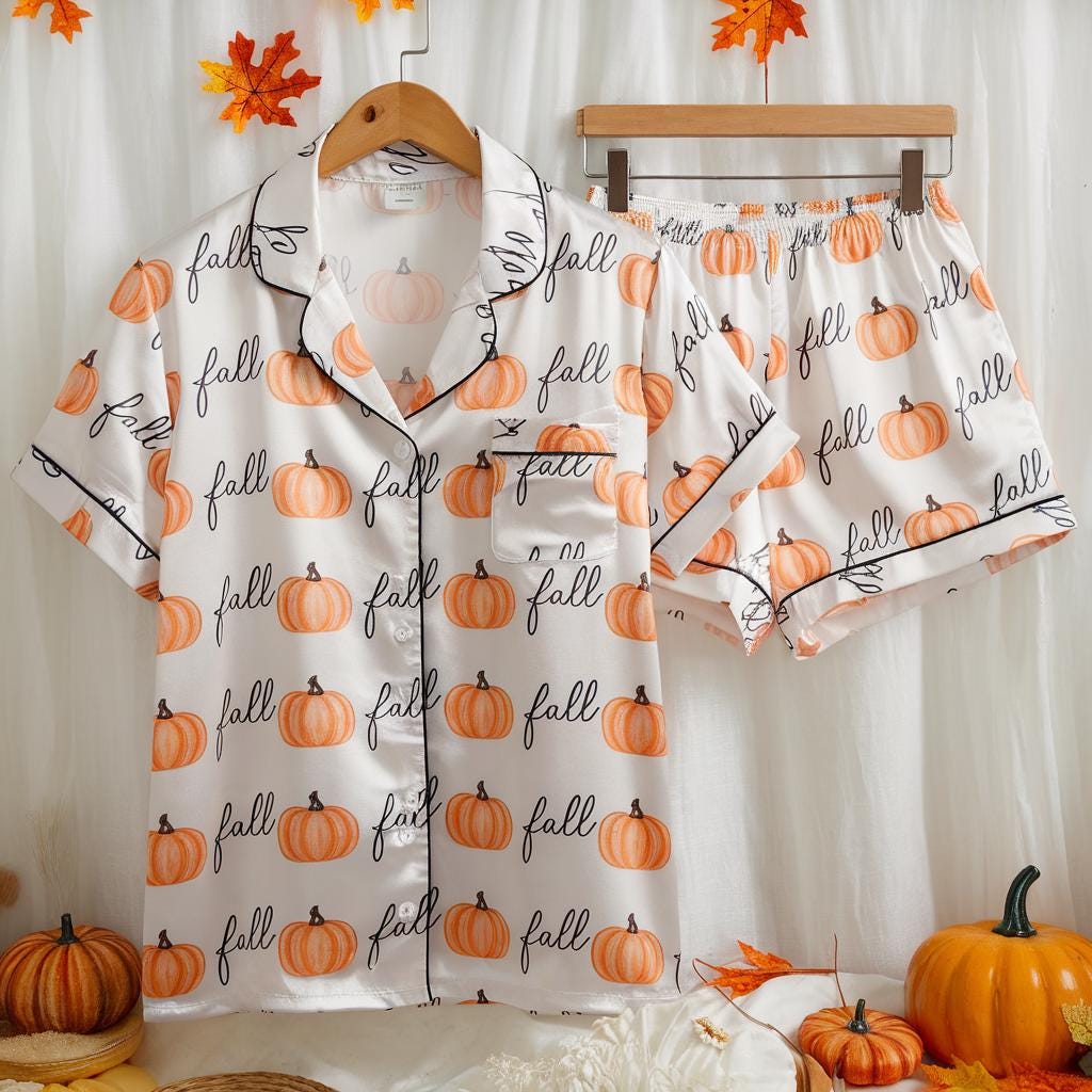 Cozy Fall Aesthetic Satin Pajamas Set, Boho Autumn Pajamas, Fall Pumpkin Pajamas, Pumpkin Pajamas, Halloween Pajamas, Cozy Season Pajamas