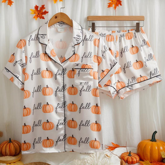 Cozy Fall Aesthetic Satin Pajamas Set, Boho Autumn Pajamas, Fall Pumpkin Pajamas, Pumpkin Pajamas, Halloween Pajamas, Cozy Season Pajamas