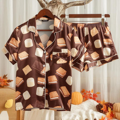Cute S’mores Satin Pajamas Set, Autumn Pajamas, Cozy Fall Pajamas, Chocolate Pajamas, Fall Snack Pyjamas, Halloween Pjs, Cozy Season Pajamas