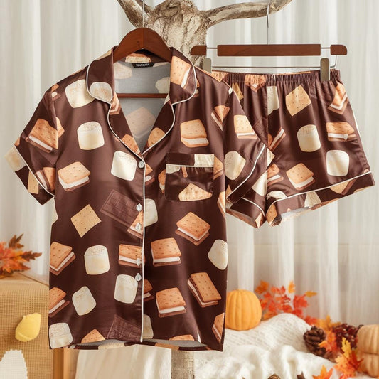 Cute S’mores Satin Pajamas Set, Autumn Pajamas, Cozy Fall Pajamas, Chocolate Pajamas, Fall Snack Pyjamas, Halloween Pjs, Cozy Season Pajamas