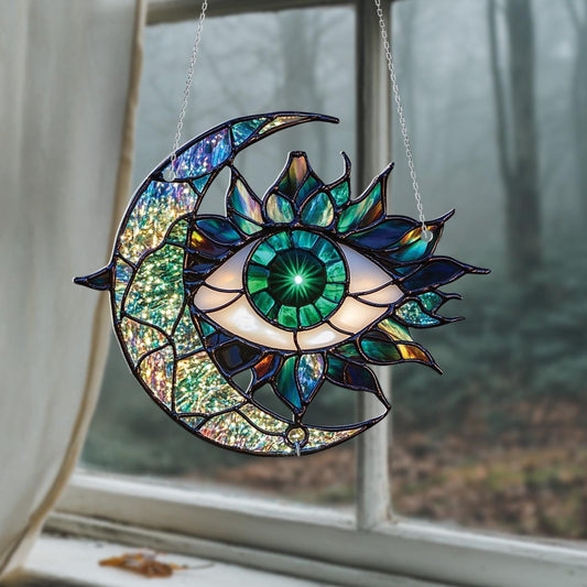 Mystical Moon And Eye Window Hanging With Shimmering Emerald Tones, Artistic Accent For A Unique And Enchanting Space