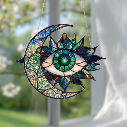 Mystical Moon And Eye Window Hanging With Shimmering Emerald Tones, Artistic Accent For A Unique And Enchanting Space