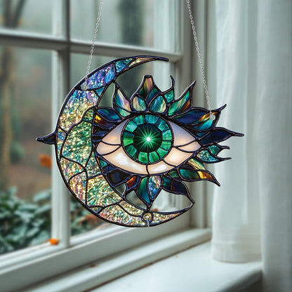 Mystical Moon And Eye Window Hanging With Shimmering Emerald Tones, Artistic Accent For A Unique And Enchanting Space