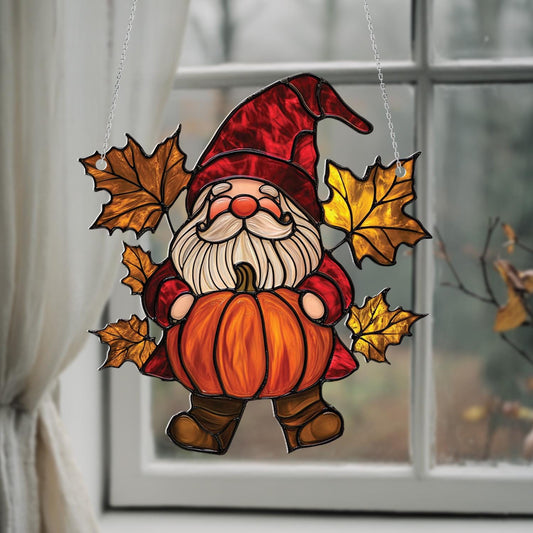 Autumn Gnome With Pumpkin And Golden Maple Leaves Window Hanging, Cozy Seasonal Accent For Warm And Festive Home Décor