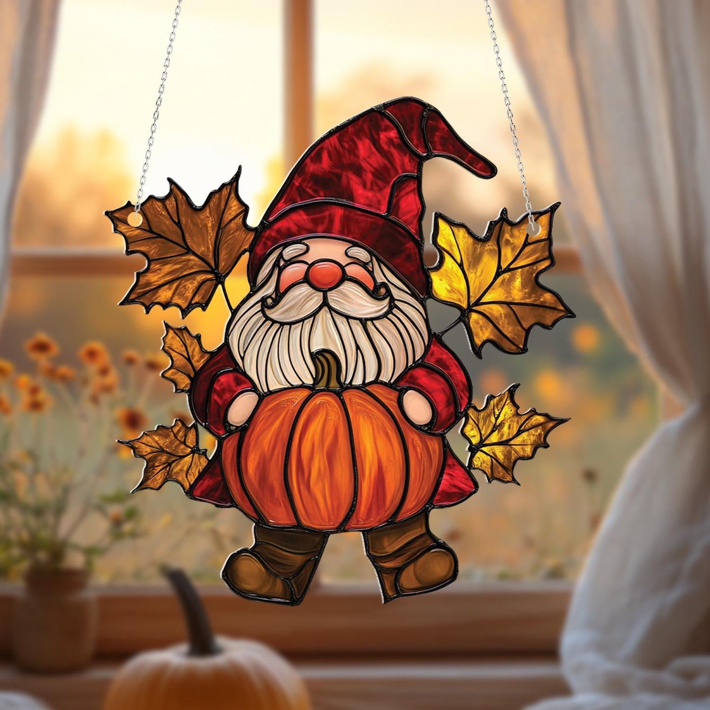 Autumn Gnome With Pumpkin And Golden Maple Leaves Window Hanging, Cozy Seasonal Accent For Warm And Festive Home Décor
