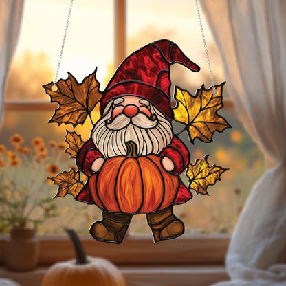 Autumn Gnome With Pumpkin And Golden Maple Leaves Window Hanging, Cozy Seasonal Accent For Warm And Festive Home Décor