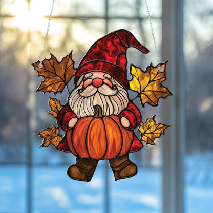 Autumn Gnome With Pumpkin And Golden Maple Leaves Window Hanging, Cozy Seasonal Accent For Warm And Festive Home Décor