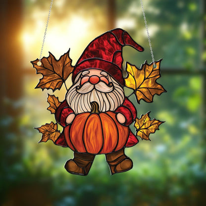 Autumn Gnome With Pumpkin And Golden Maple Leaves Window Hanging, Cozy Seasonal Accent For Warm And Festive Home Décor