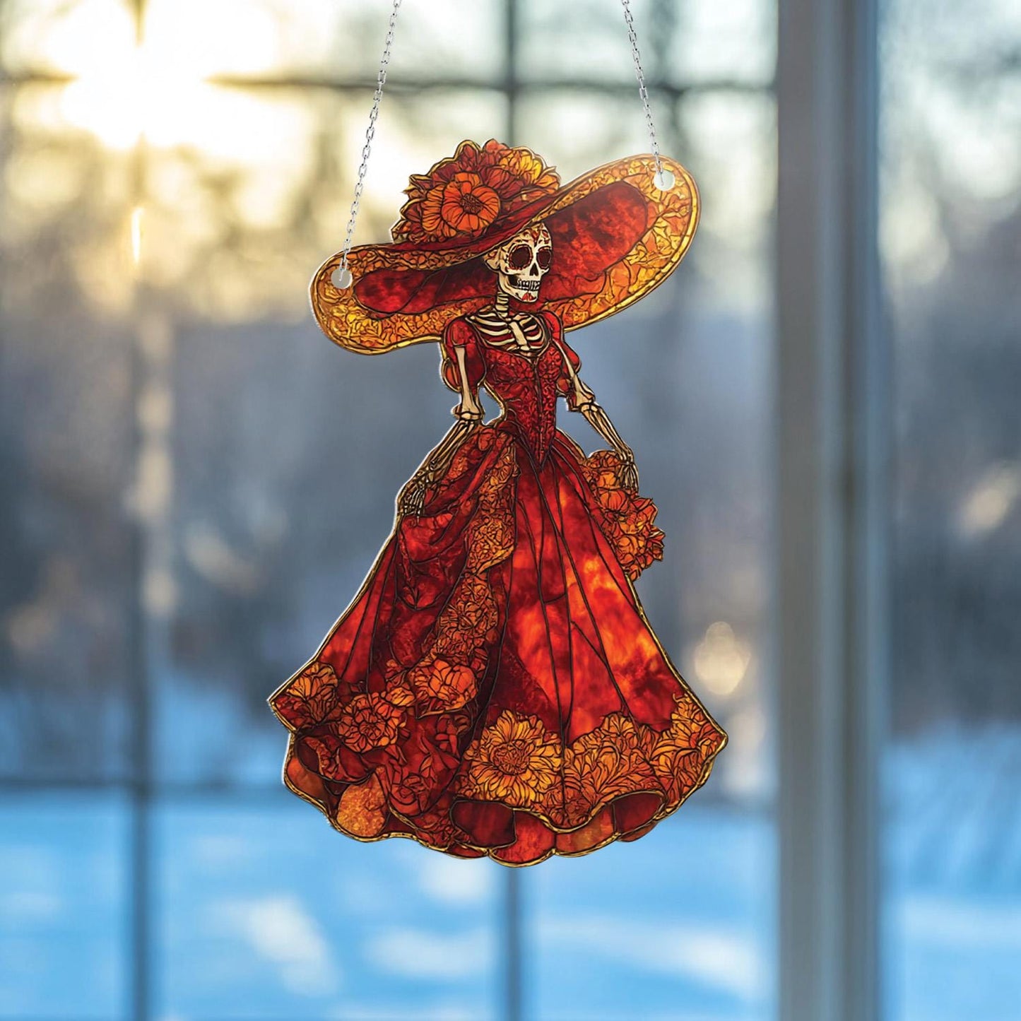 Elegant Day Of The Dead Lady In Red Dress And Wide Hat Window Hanging, Vibrant Décor For A Bold And Artistic Festive Touch