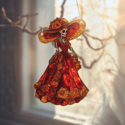Elegant Day Of The Dead Lady In Red Dress And Wide Hat Window Hanging, Vibrant Décor For A Bold And Artistic Festive Touch