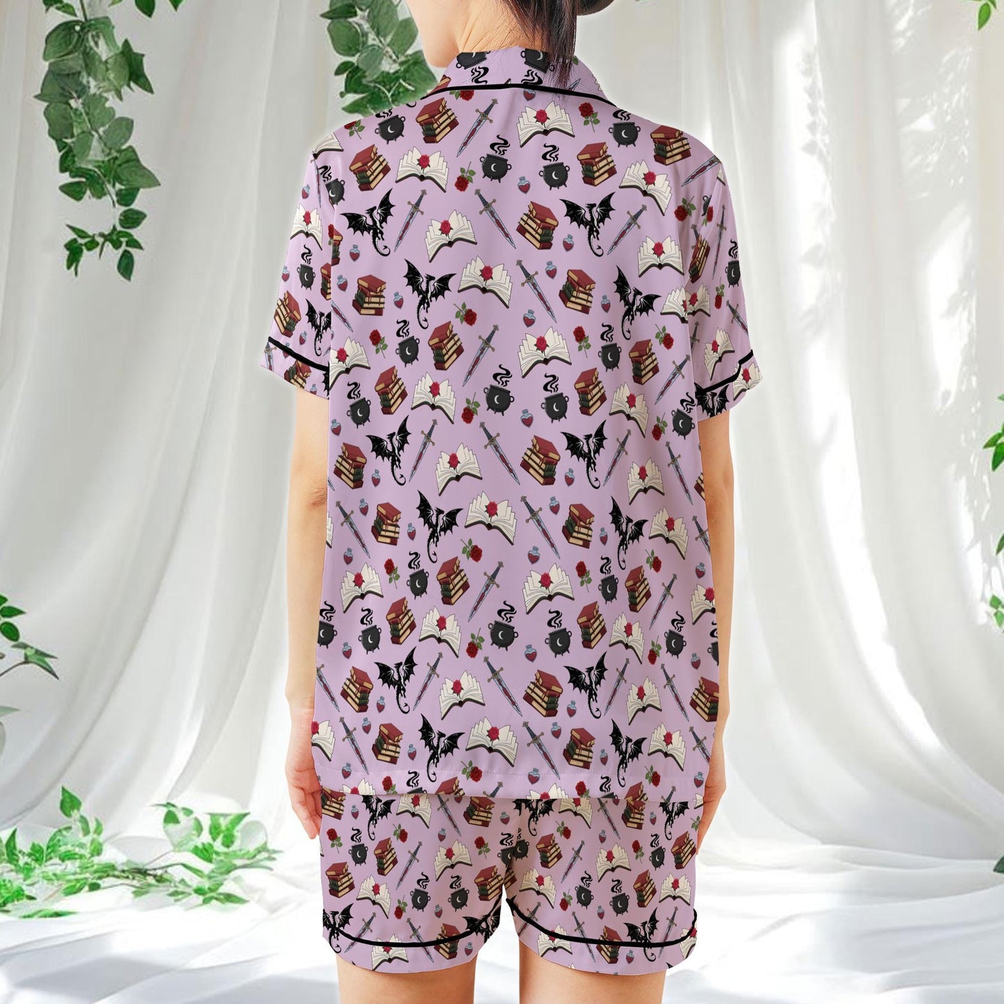 Fantasy Reader Satin Pajamas Set, Dragons Witchy Bookish Pajama Set, Romantasy Girlie Sleepwear, Fairytale Fantasy Era Pajamas Set